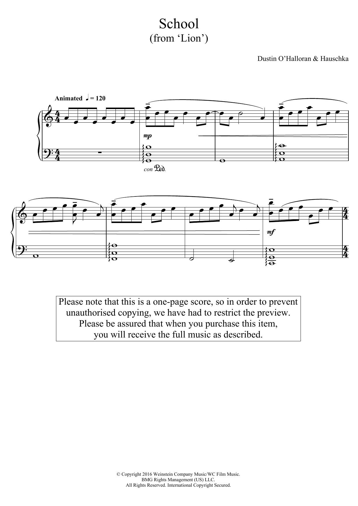 Dustin O'Halloran School (from 'Lion') sheet music notes and chords arranged for Piano Solo
