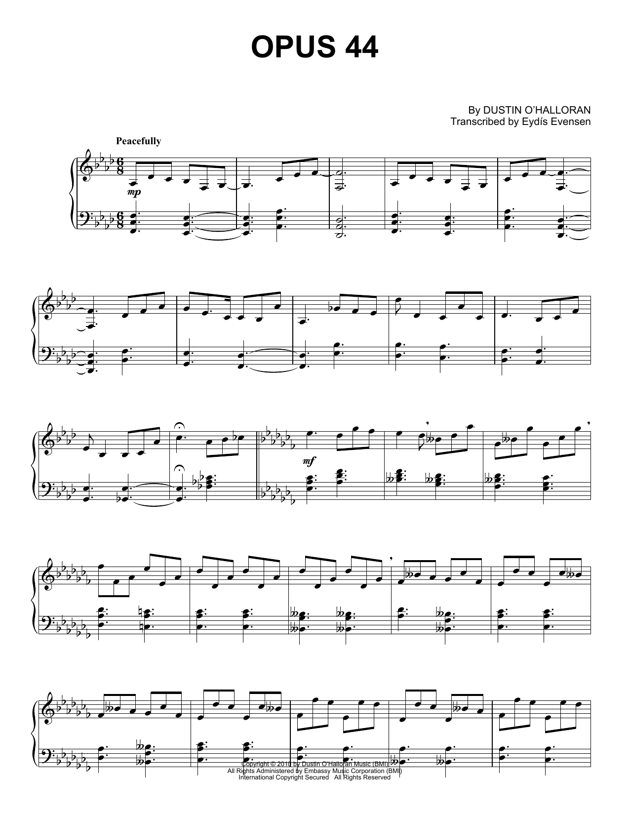 Dustin O'Halloran Opus 44 sheet music notes and chords arranged for Piano Solo