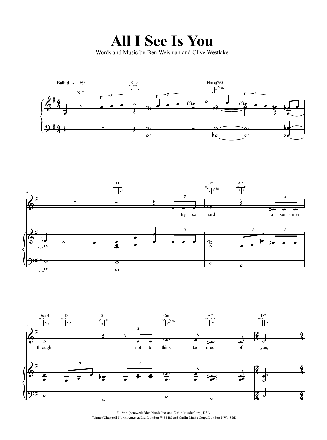 Dusty Springfield All I See Is You sheet music notes and chords arranged for Piano, Vocal & Guitar Chords (Right-Hand Melody)