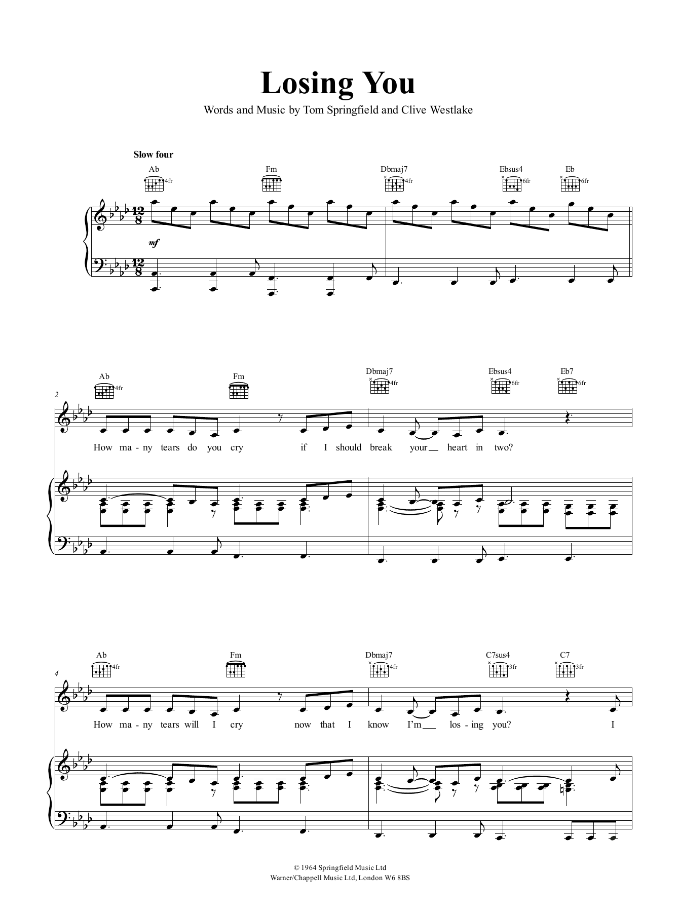 Dusty Springfield Losing You sheet music notes and chords arranged for Piano, Vocal & Guitar Chords (Right-Hand Melody)