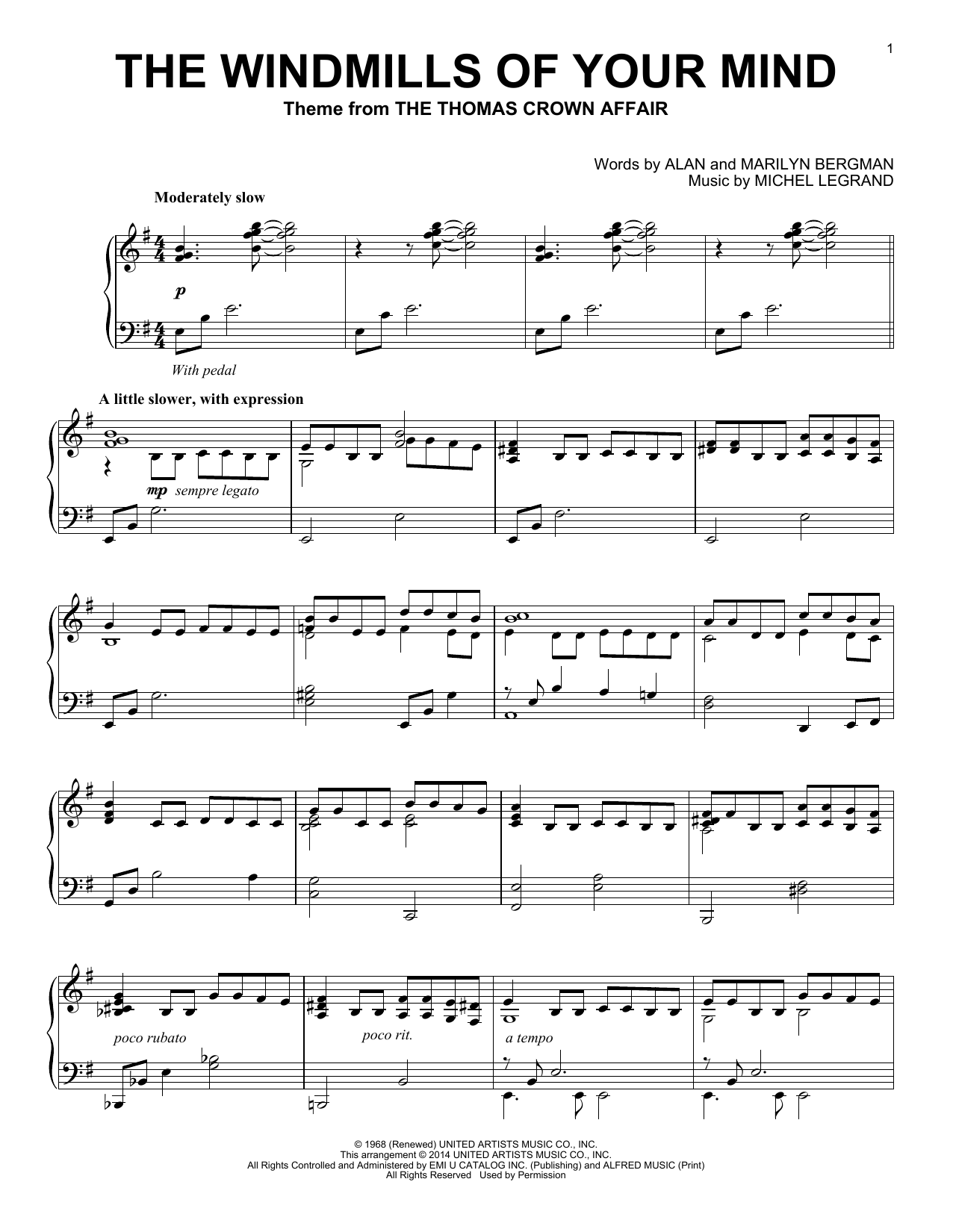 Dusty Springfield The Windmills Of Your Mind sheet music notes and chords arranged for Piano Solo