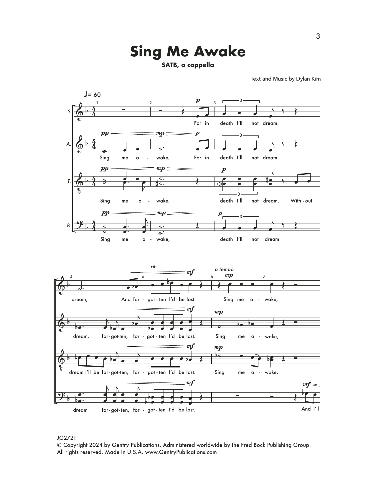 Dylan Kim Sing Me Awake sheet music notes and chords arranged for SATB Choir