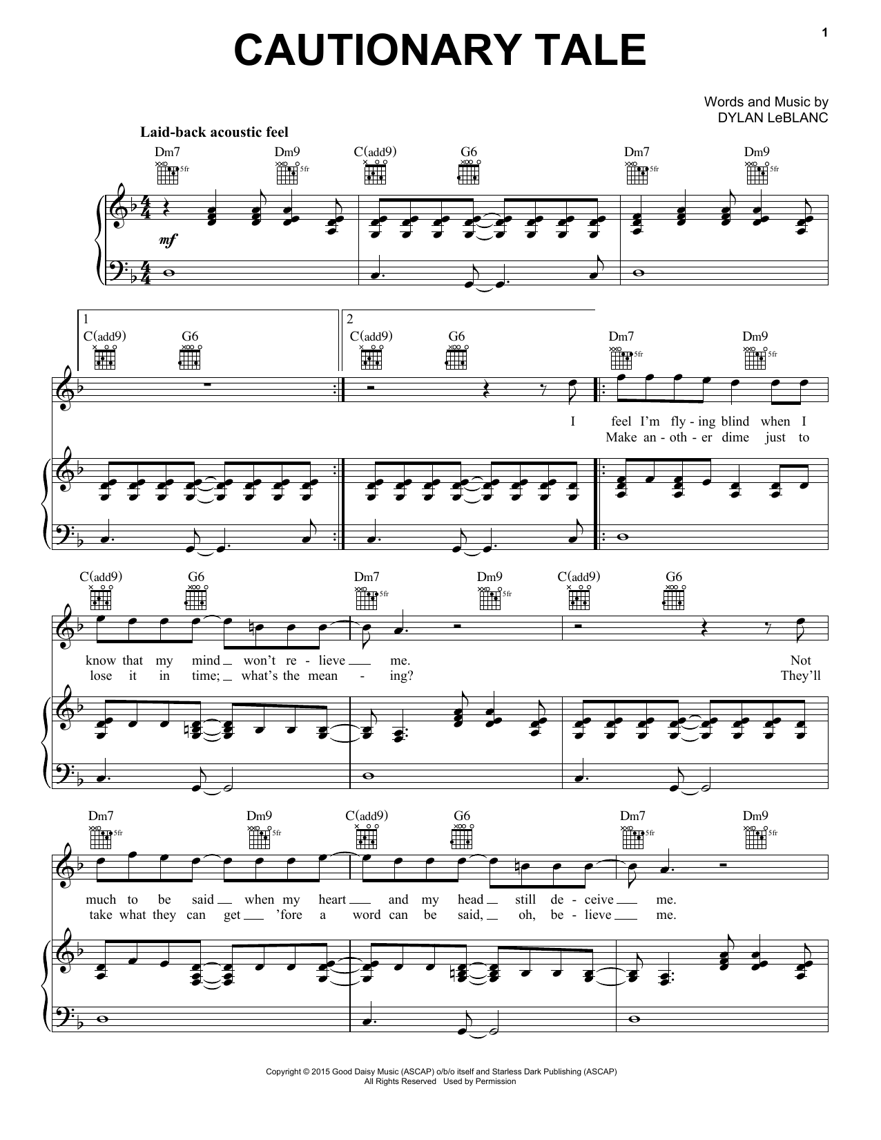 Dylan LeBlanc Cautionary Tale sheet music notes and chords arranged for Piano, Vocal & Guitar Chords (Right-Hand Melody)