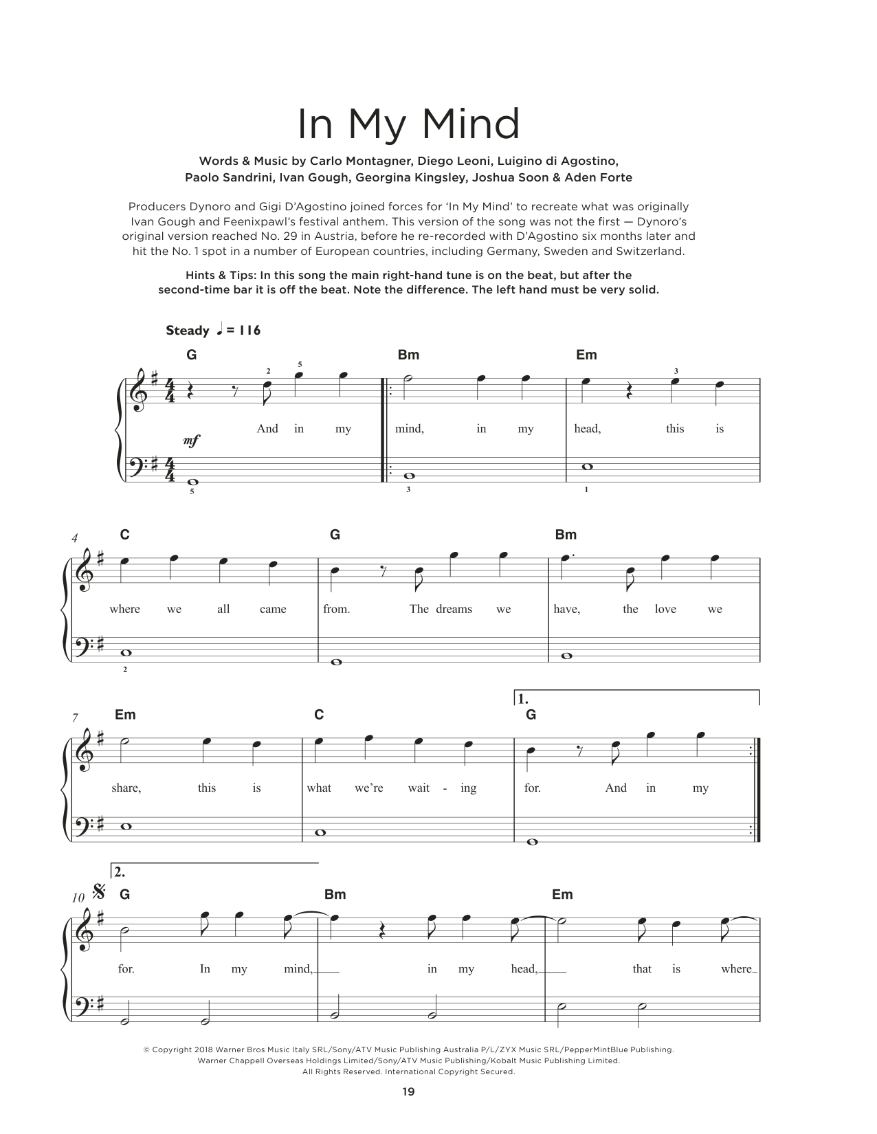 Dynoro & Gigi D'Agostino In My Mind sheet music notes and chords arranged for Really Easy Piano