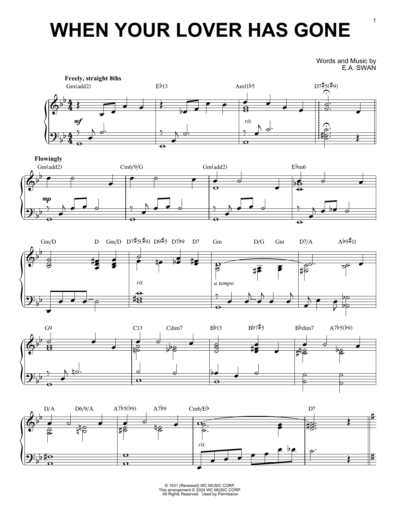 E.A. Swan When Your Lover Has Gone (arr. Brent Edstrom) sheet music notes and chords arranged for Piano Solo