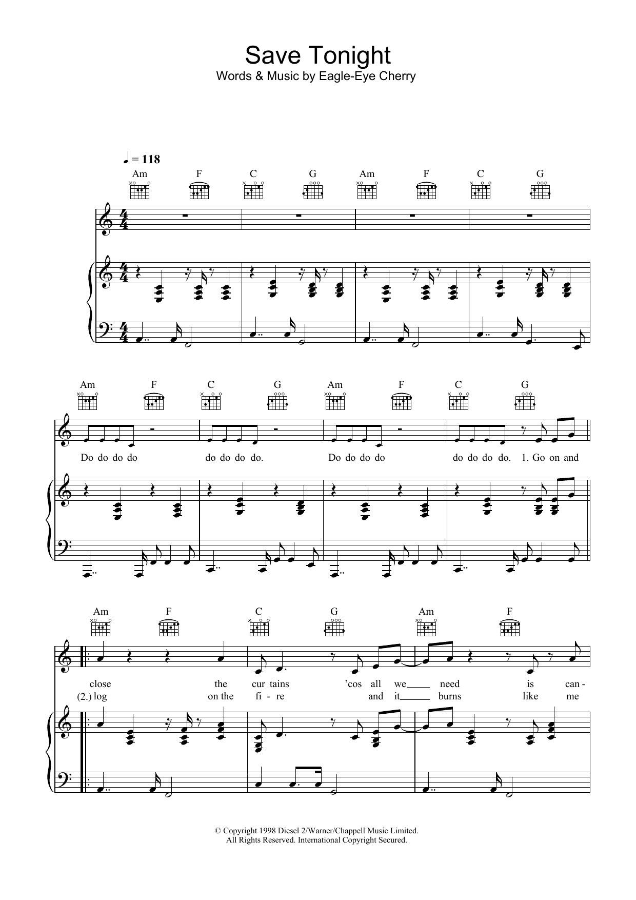 Eagle Eye Cherry Save Tonight sheet music notes and chords arranged for Piano, Vocal & Guitar Chords (Right-Hand Melody)