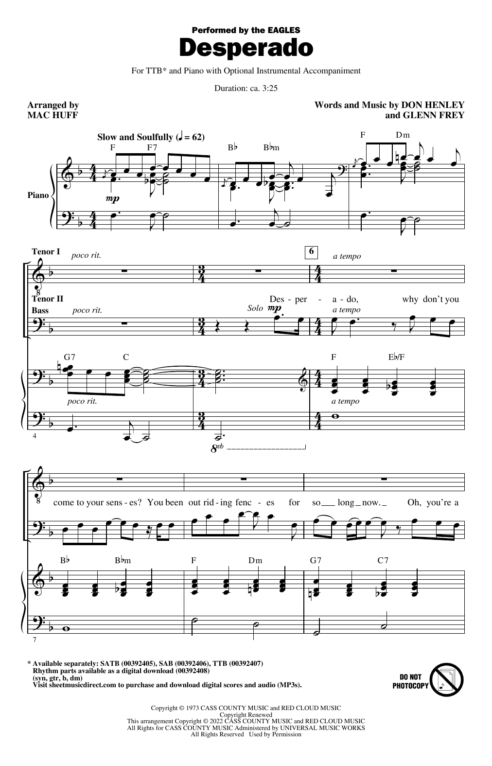 Eagles Desperado (arr. Mac Huff) sheet music notes and chords arranged for TTBB Choir