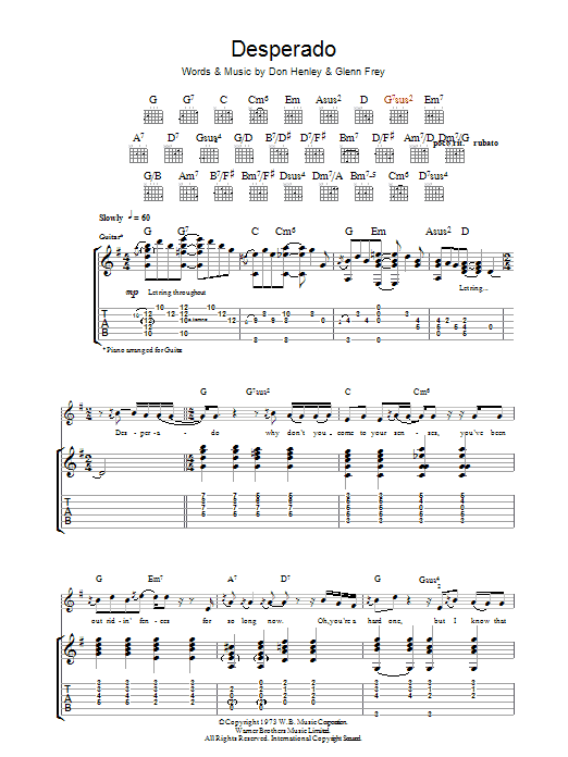 Eagles Desperado sheet music notes and chords arranged for Viola Solo