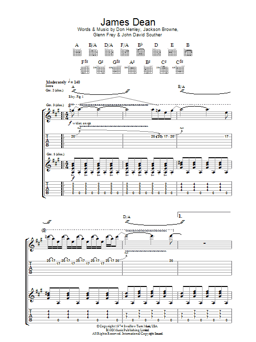 Eagles James Dean sheet music notes and chords arranged for Guitar Chords/Lyrics