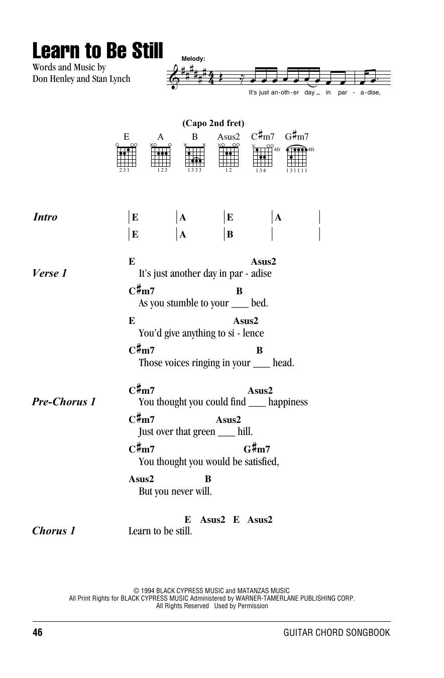 Eagles Learn To Be Still sheet music notes and chords arranged for Guitar Chords/Lyrics