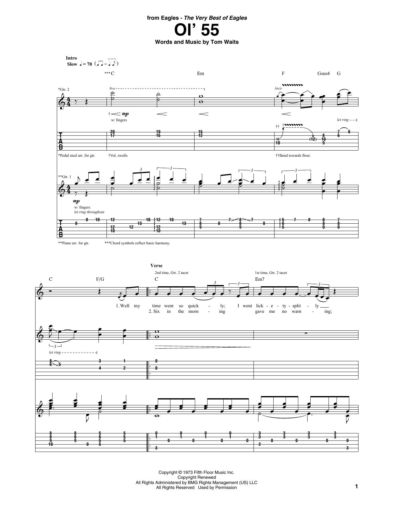 Eagles Ol' 55 sheet music notes and chords arranged for Guitar Tab