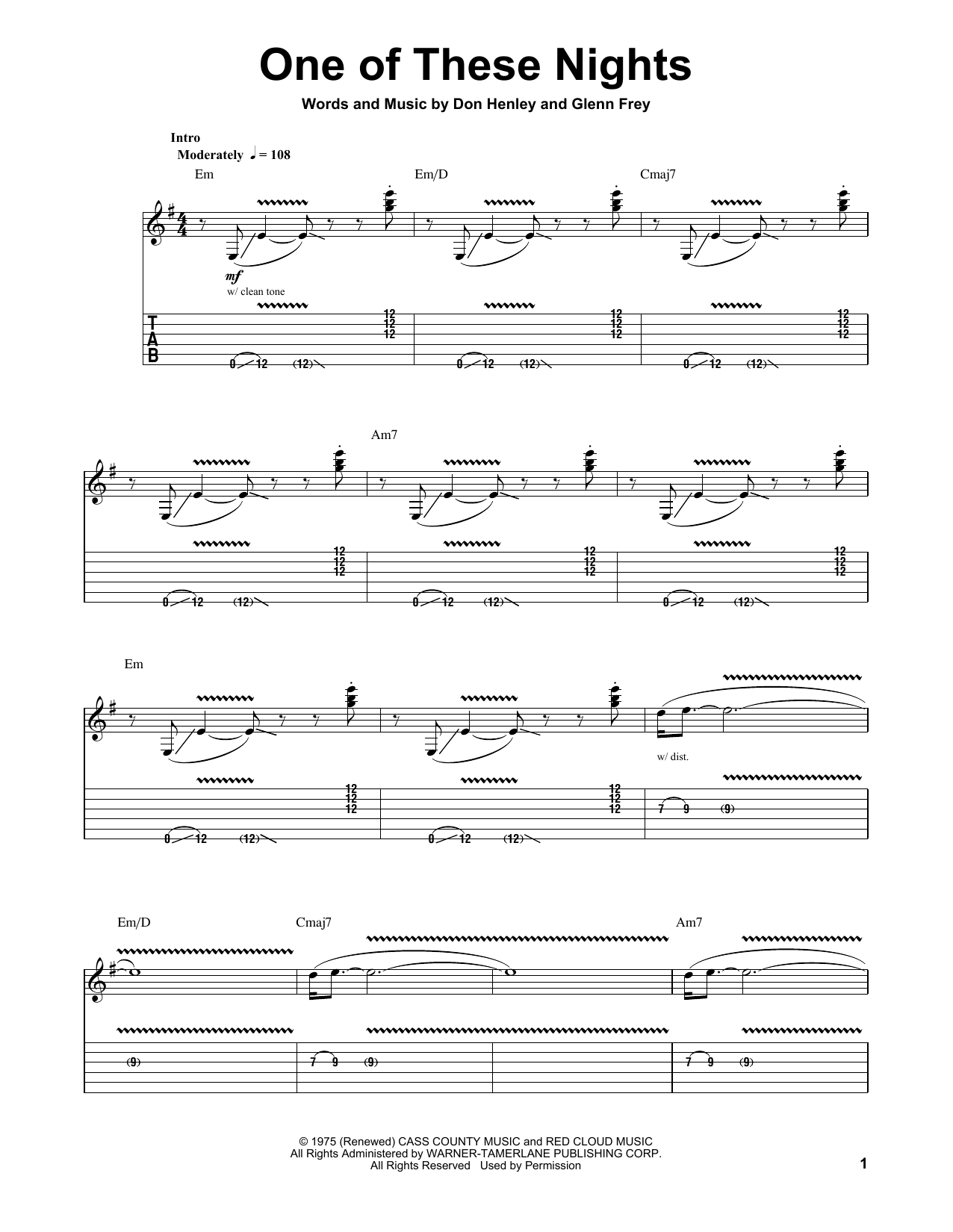 Eagles One Of These Nights sheet music notes and chords arranged for Guitar Tab (Single Guitar)