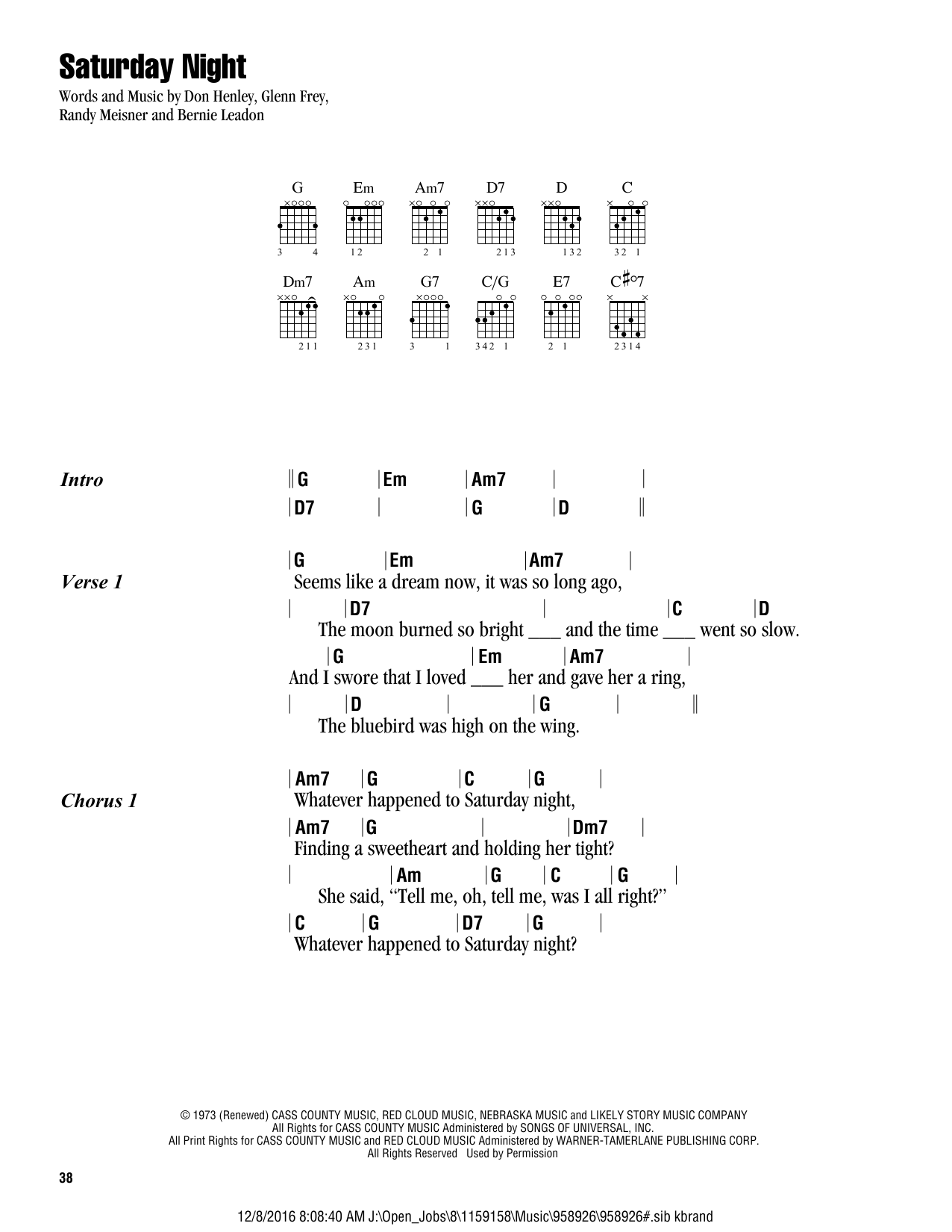 Eagles Saturday Night sheet music notes and chords arranged for Guitar Chords/Lyrics