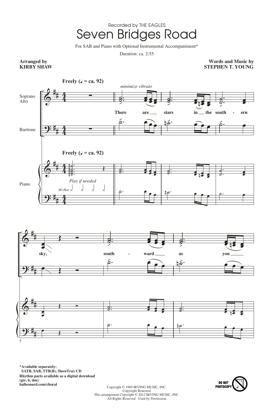 Eagles Seven Bridges Road (arr. Kirby Shaw) sheet music notes and chords arranged for SAB Choir