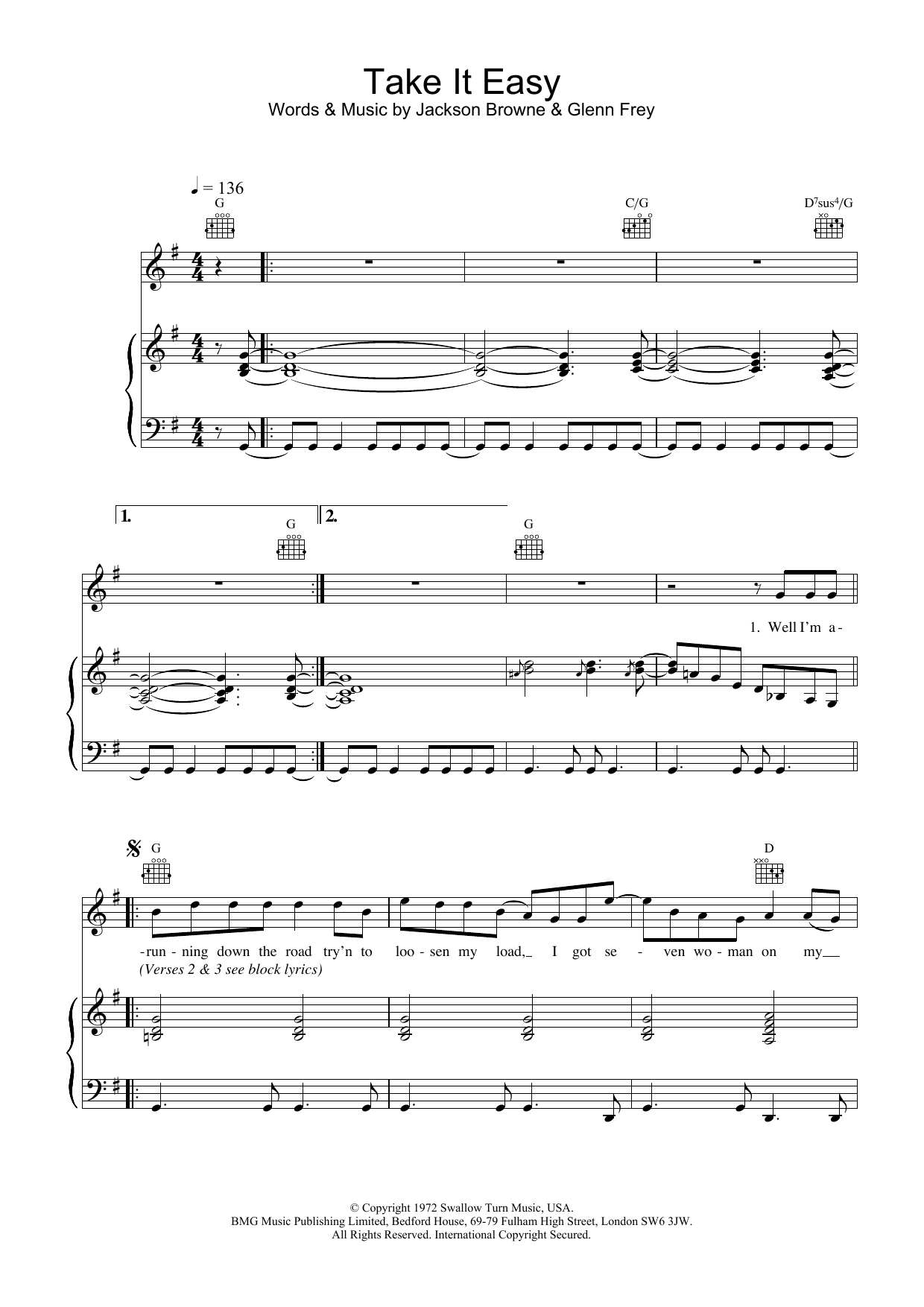 Eagles Take It Easy sheet music notes and chords arranged for Easy Piano