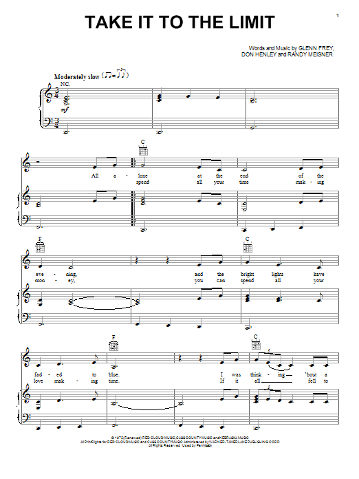 Eagles Take It To The Limit sheet music notes and chords arranged for Piano, Vocal & Guitar Chords (Right-Hand Melody)