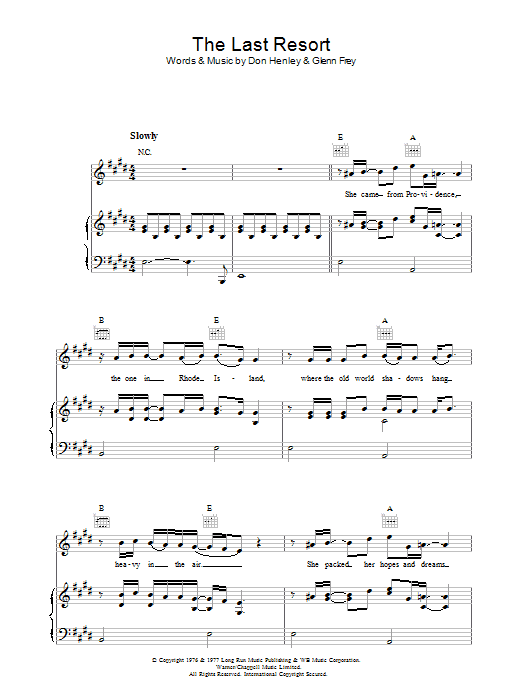 Eagles The Last Resort sheet music notes and chords arranged for Piano, Vocal & Guitar Chords