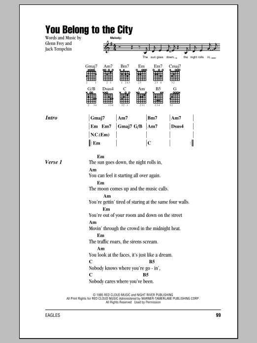 Eagles You Belong To The City sheet music notes and chords arranged for Guitar Chords/Lyrics