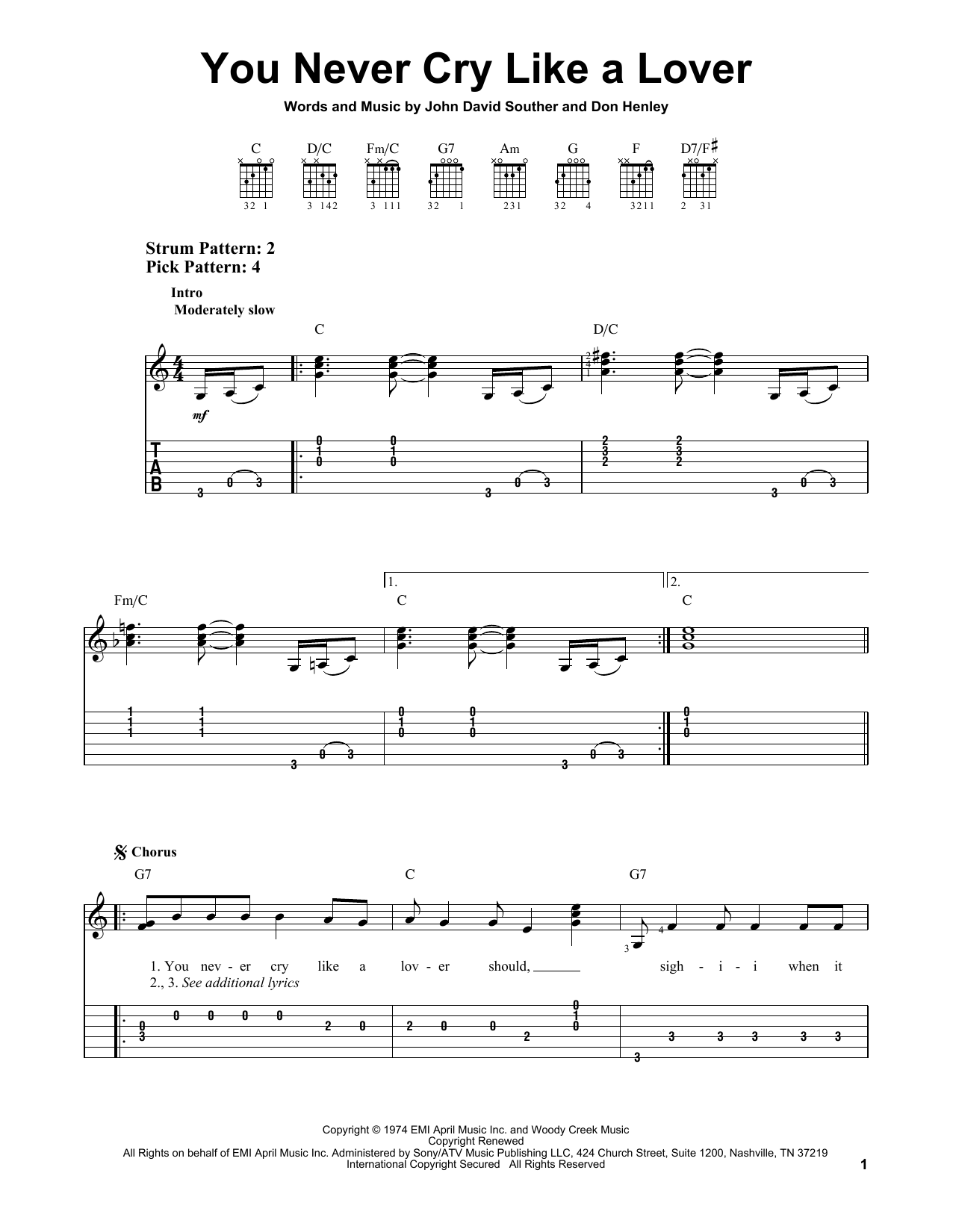 Eagles You Never Cry Like A Lover sheet music notes and chords arranged for Easy Guitar Tab