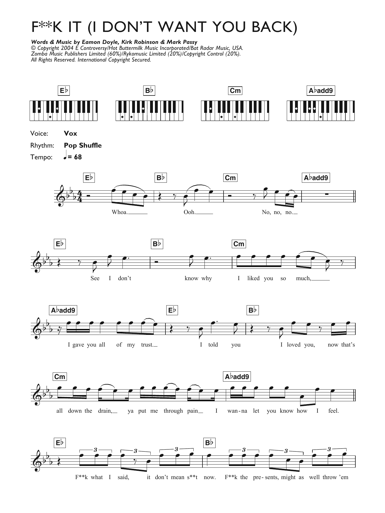 Eamon Fuck It (I Don't Want You Back) sheet music notes and chords arranged for Piano Chords/Lyrics