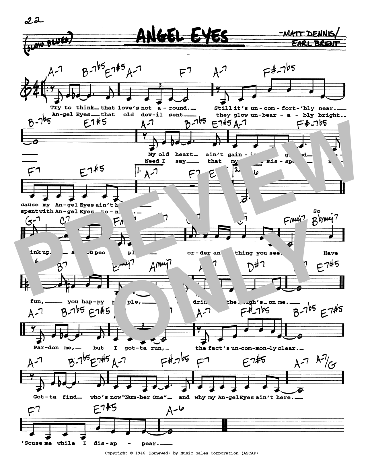 Earl Brent Angel Eyes (Low Voice) sheet music notes and chords arranged for Real Book – Melody, Lyrics & Chords