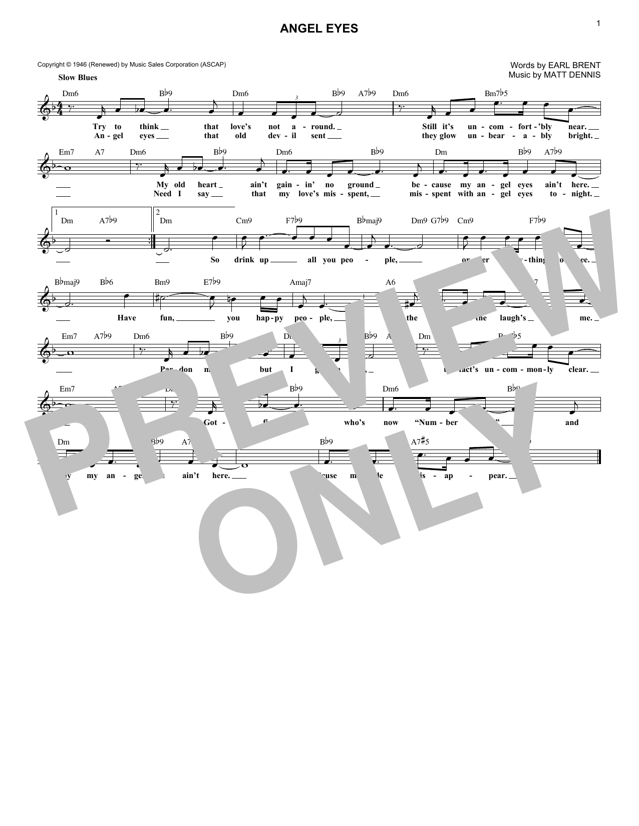 Earl Brent Angel Eyes sheet music notes and chords arranged for Easy Guitar