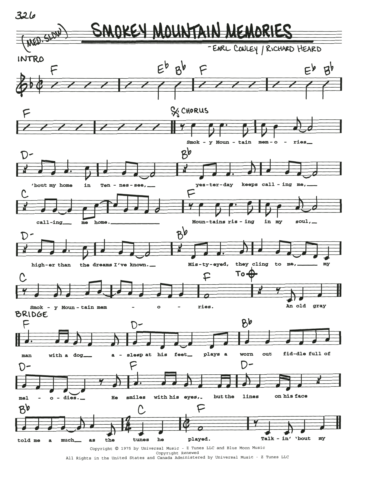 Earl Conley Smokey Mountain Memories sheet music notes and chords arranged for Real Book – Melody, Lyrics & Chords