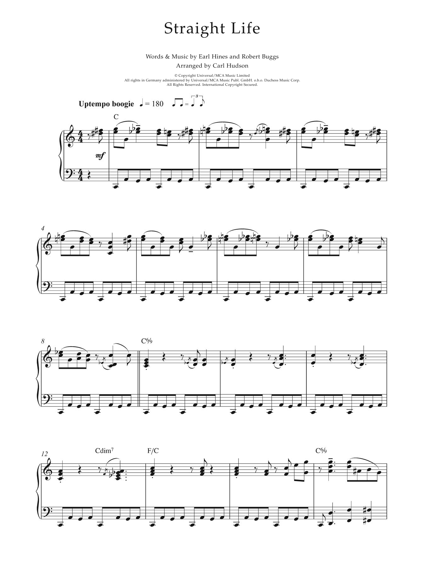 Earl Hines Straight Life sheet music notes and chords arranged for Piano Solo