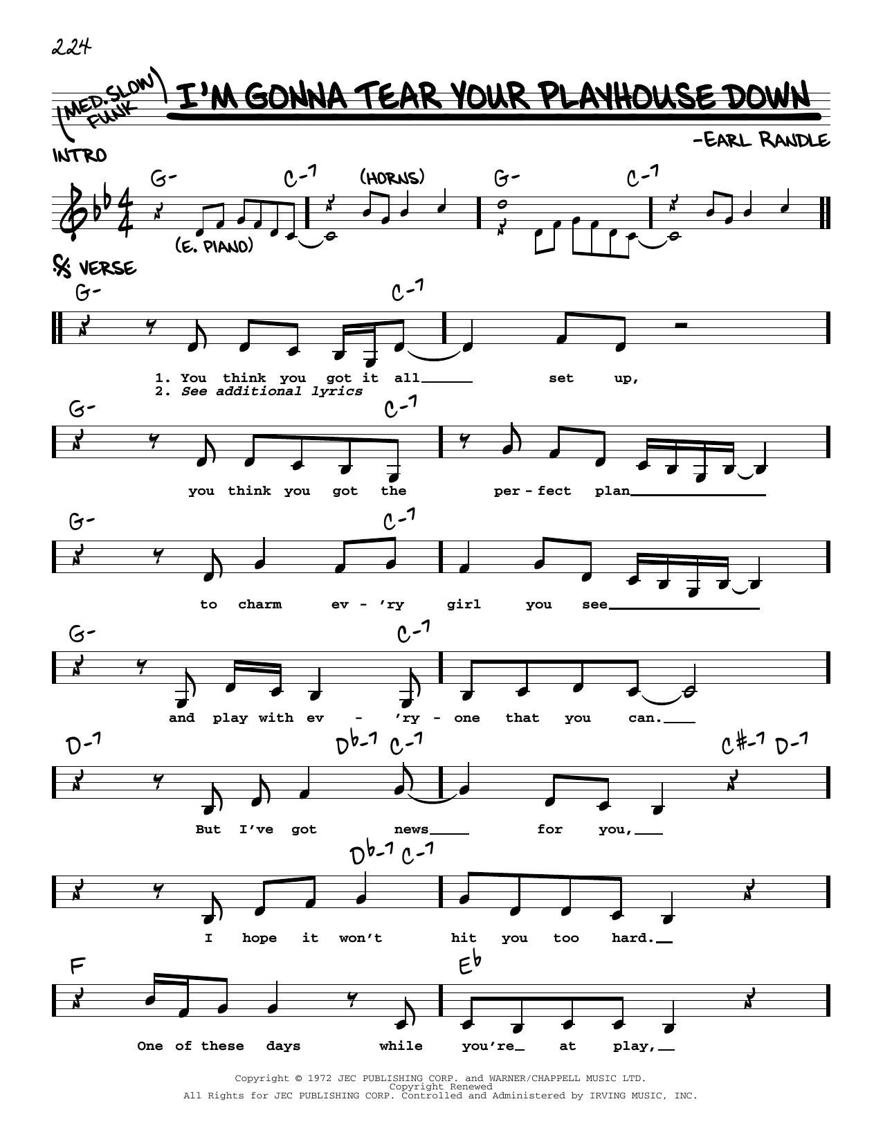 Earl Randle I'm Gonna Tear Your Playhouse Down sheet music notes and chords arranged for Real Book – Melody & Chords
