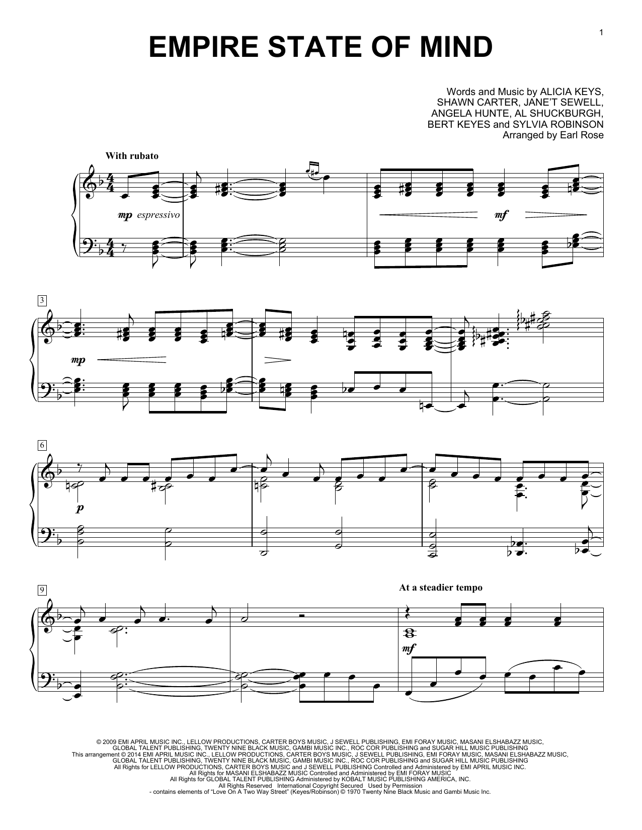 Earl Rose Empire State Of Mind sheet music notes and chords arranged for Piano Solo