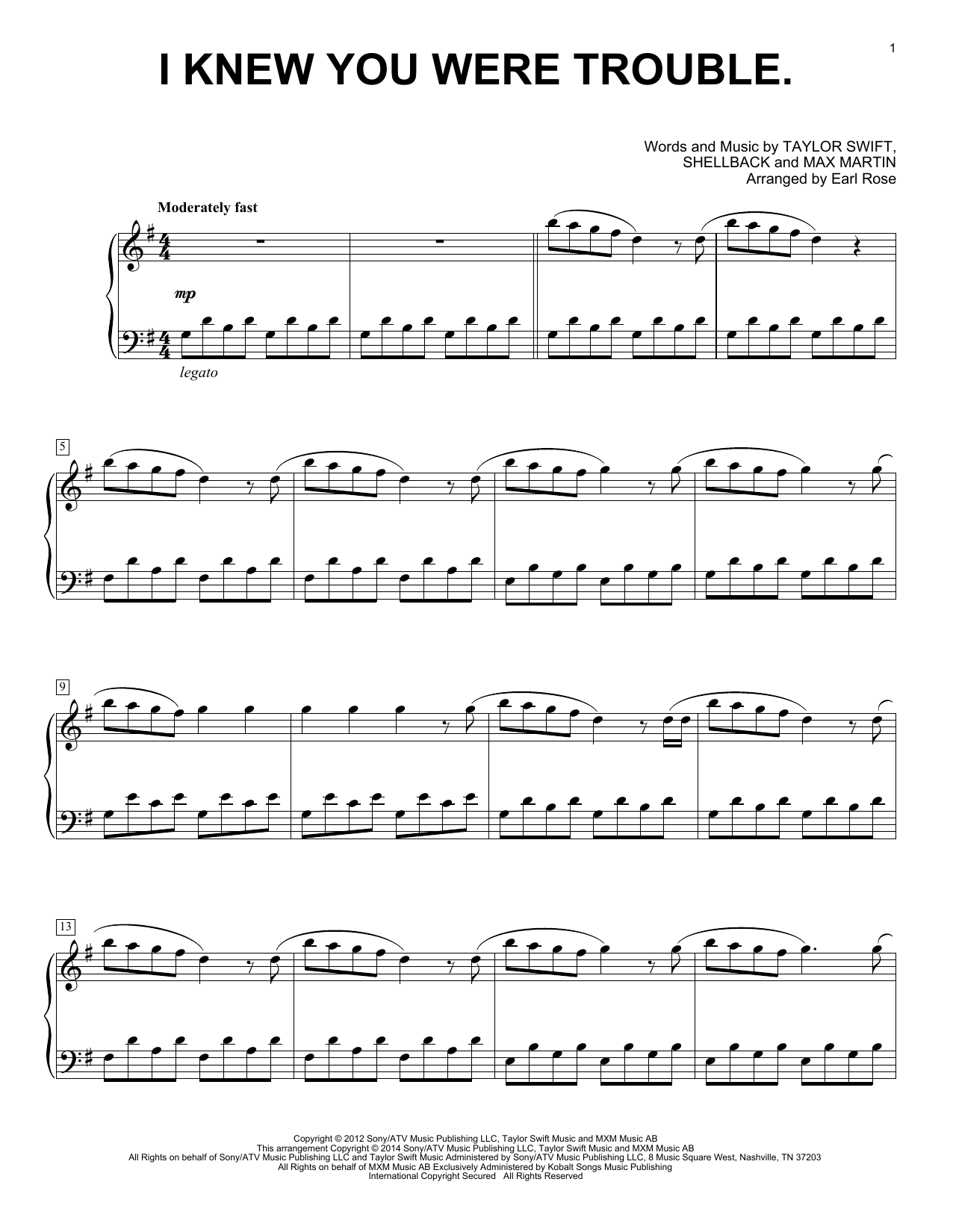 Earl Rose I Knew You Were Trouble. sheet music notes and chords arranged for Piano Solo