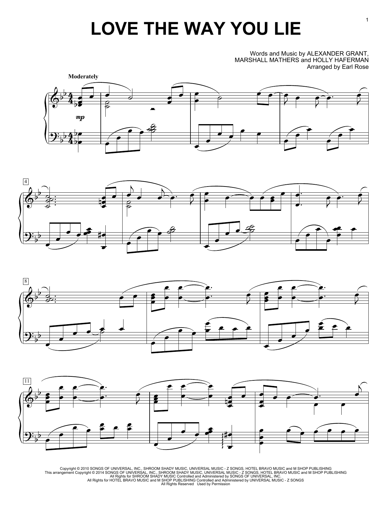 Earl Rose Love The Way You Lie sheet music notes and chords arranged for Piano Solo