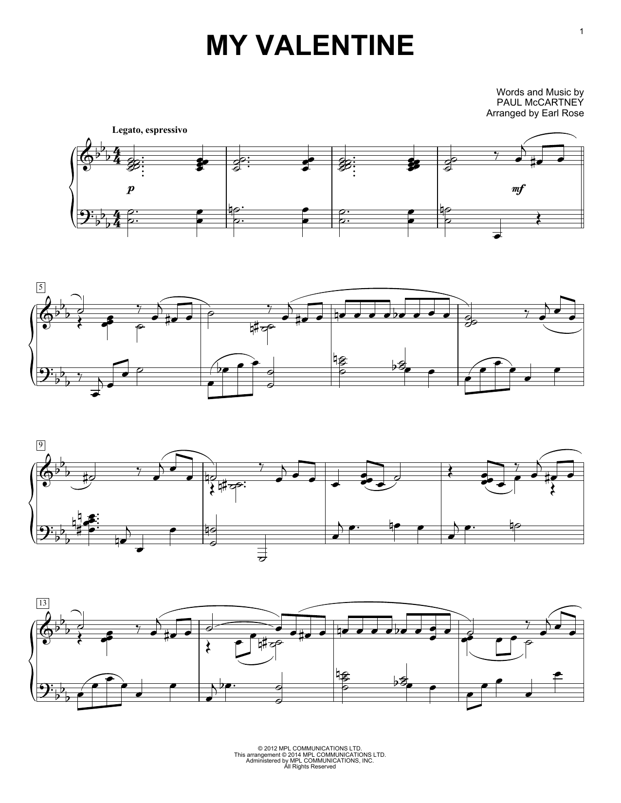 Earl Rose My Valentine sheet music notes and chords arranged for Piano Solo