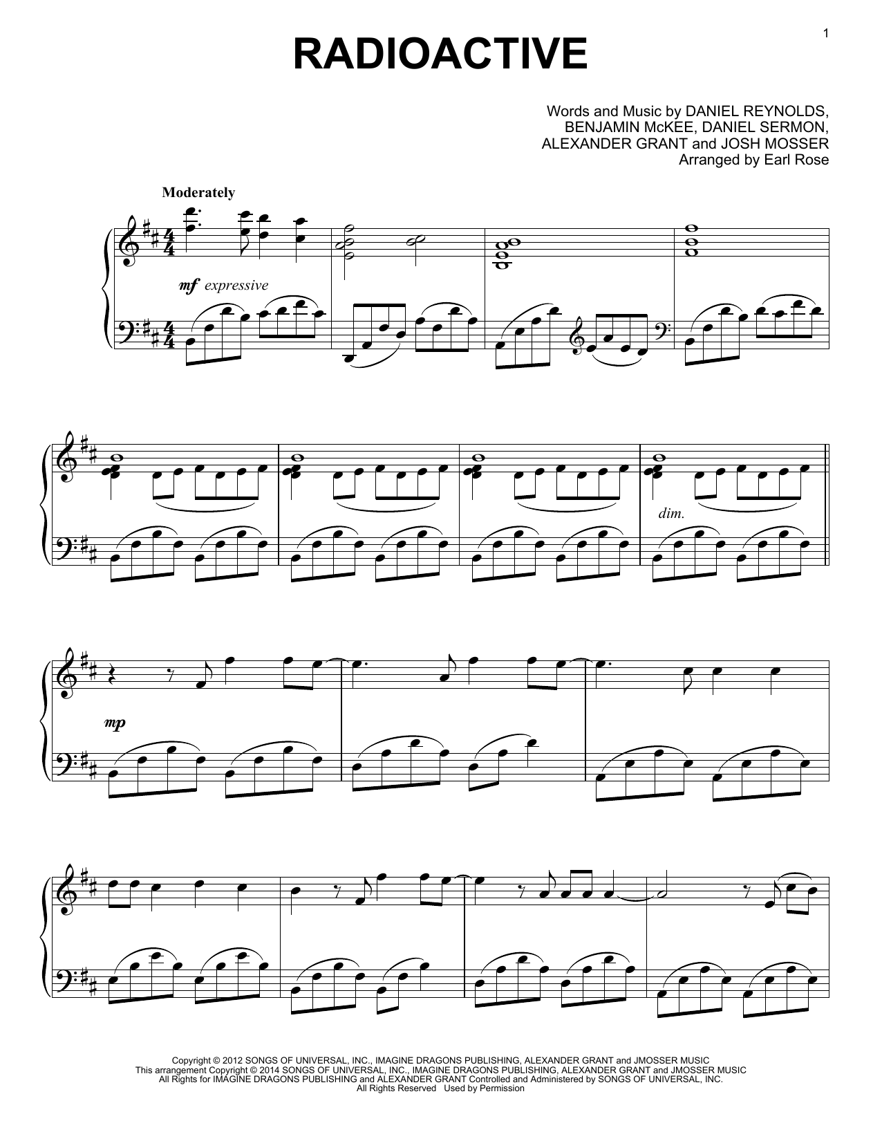 Earl Rose Radioactive sheet music notes and chords arranged for Piano Solo