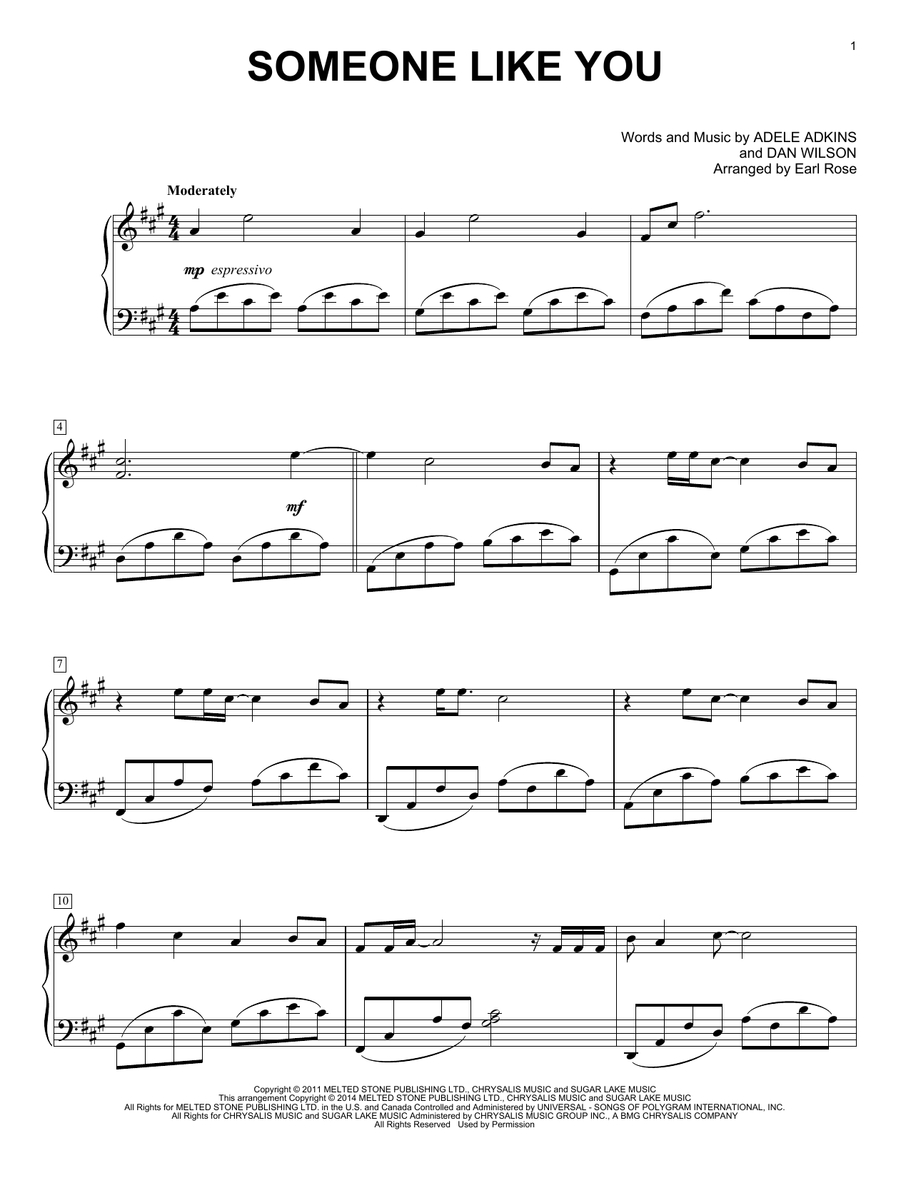 Earl Rose Someone Like You sheet music notes and chords arranged for Piano Solo