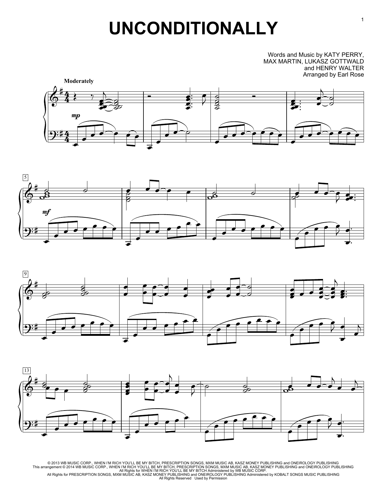 Earl Rose Unconditionally sheet music notes and chords arranged for Piano Solo
