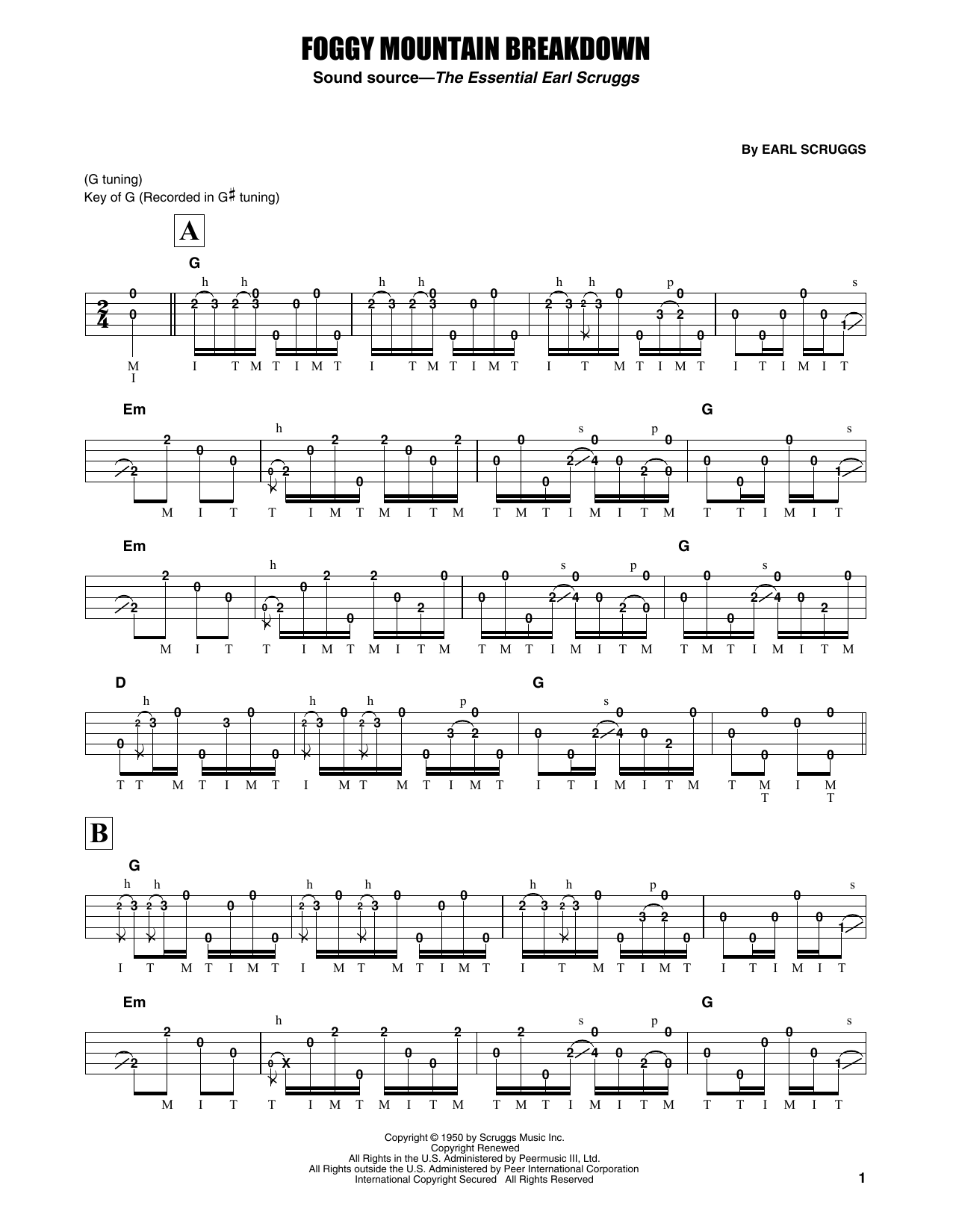 Earl Scruggs Foggy Mountain Breakdown sheet music notes and chords arranged for Banjo Tab