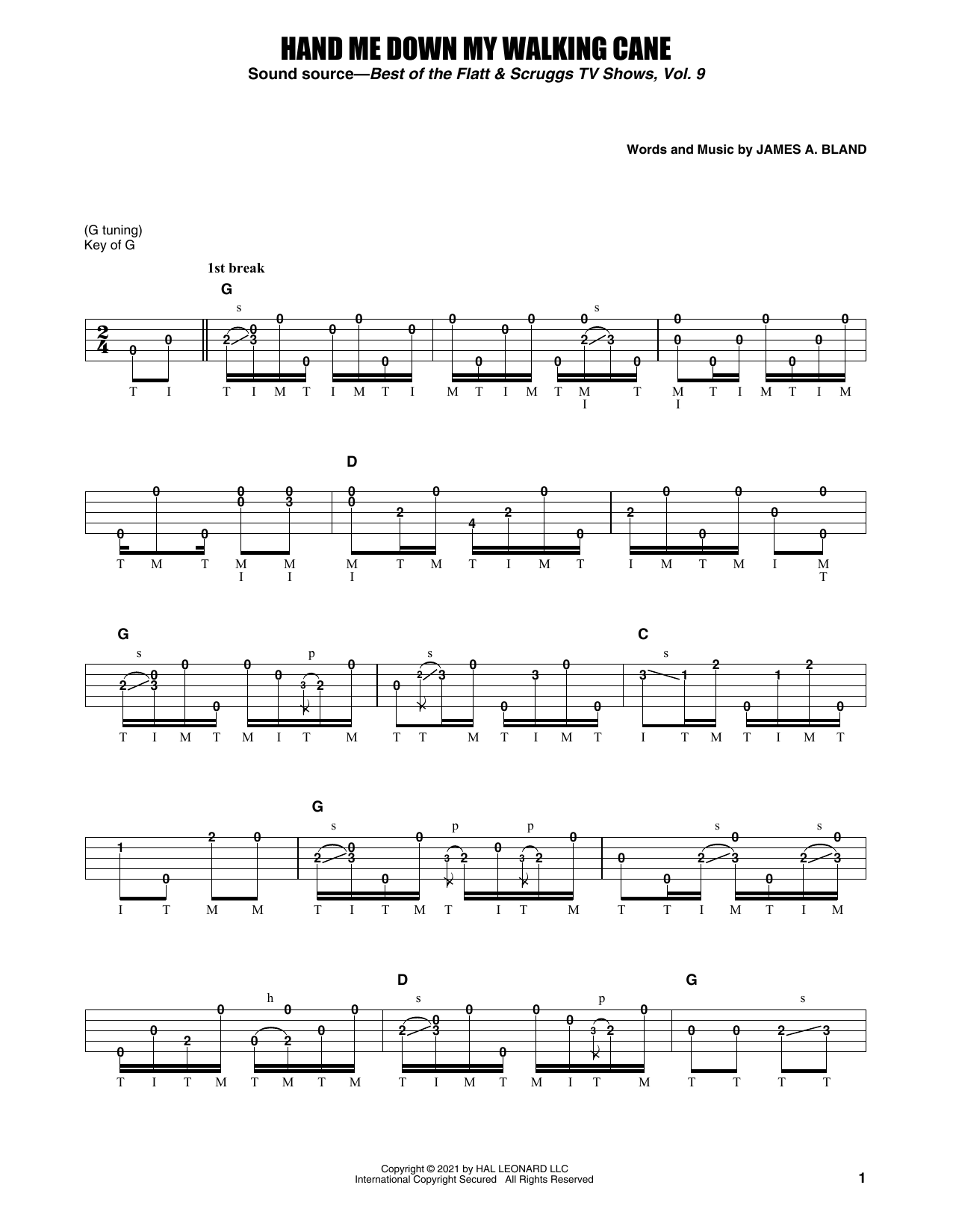 Earl Scruggs Hand Me Down My Walking Cane sheet music notes and chords arranged for Banjo Tab