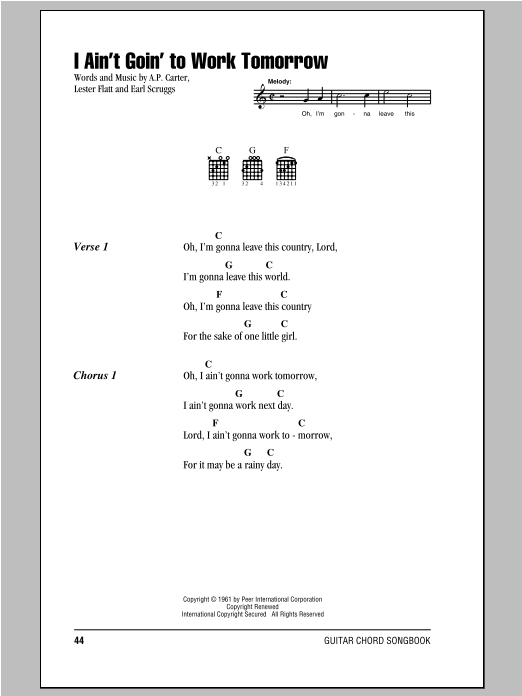 Earl Scruggs I Ain't Goin' To Work Tomorrow sheet music notes and chords arranged for Banjo Tab