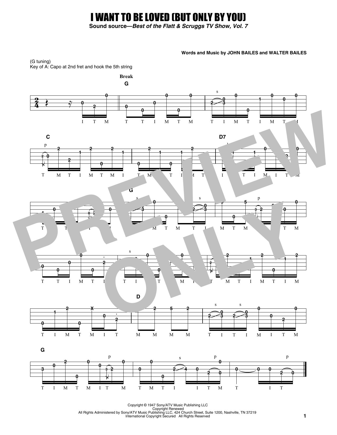 Earl Scruggs I Want To Be Loved (But Only By You) sheet music notes and chords arranged for Banjo Tab