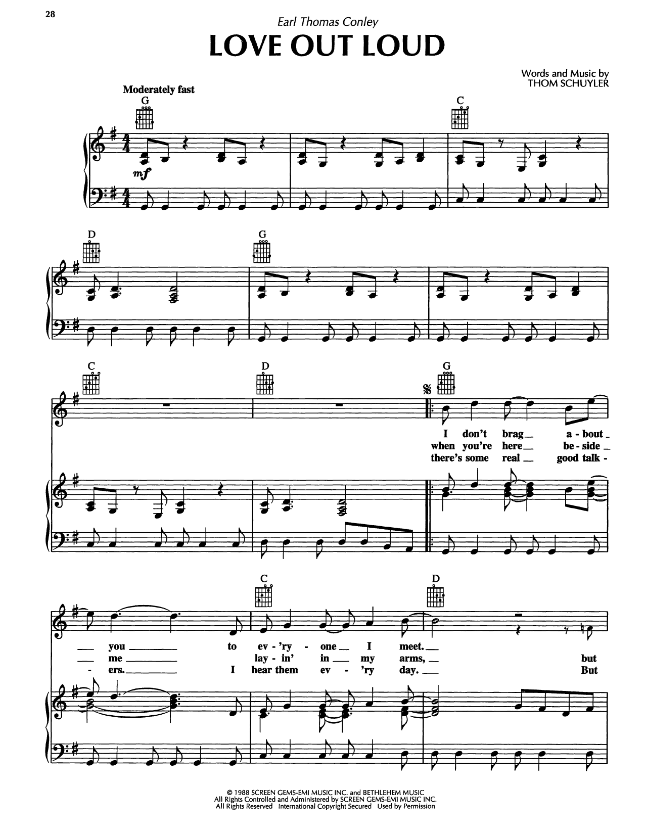 Earl Thomas Conley Love Out Loud sheet music notes and chords arranged for Piano, Vocal & Guitar Chords (Right-Hand Melody)