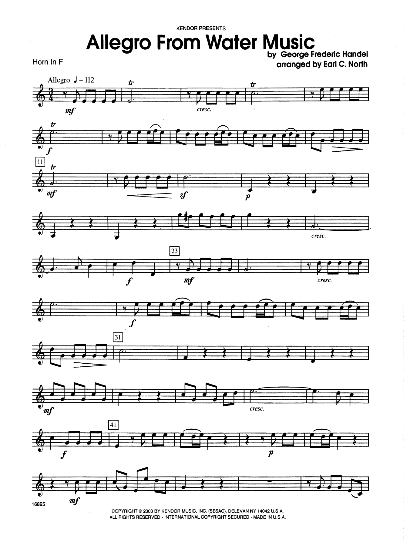 Earl North Allegro From Water Music - Horn in F sheet music notes and chords. Download Printable PDF.