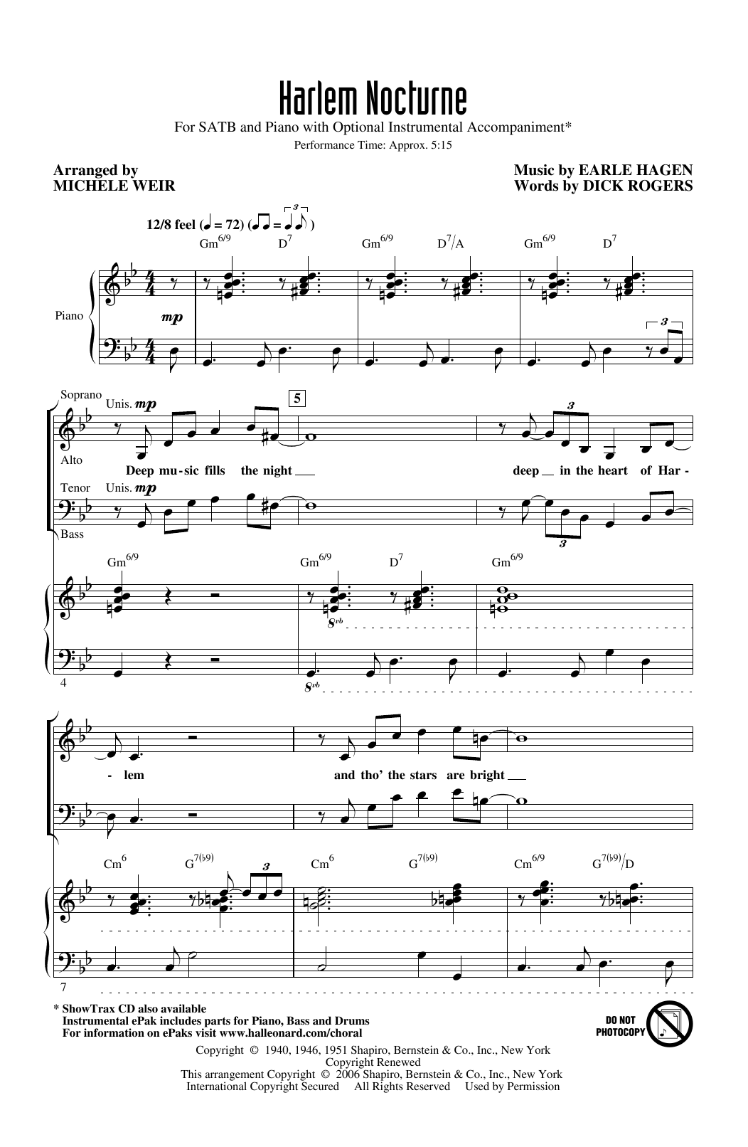 Earle Hagen and Dick Rogers Harlem Nocturne (arr. Michele Weir) sheet music notes and chords arranged for SATB Choir