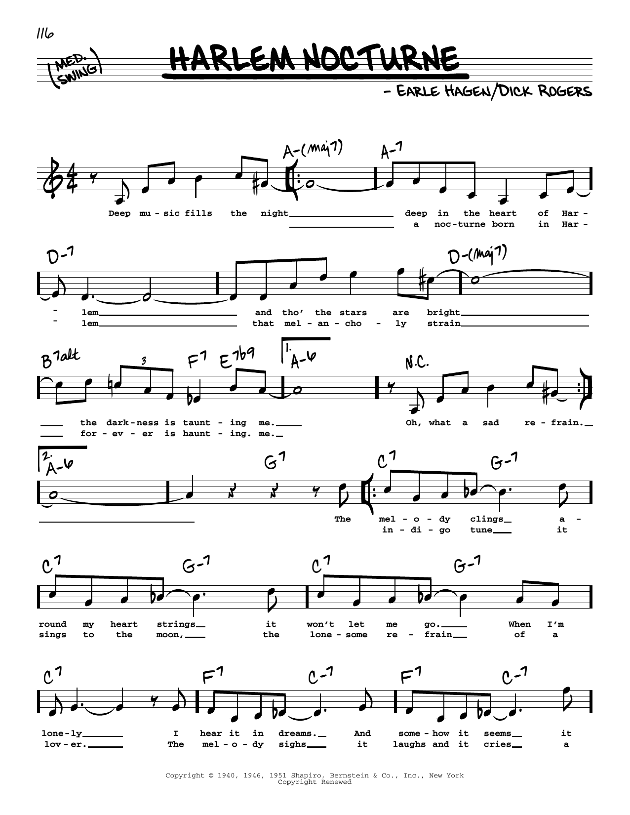 Earle Hagen Harlem Nocturne (High Voice) sheet music notes and chords arranged for Real Book – Melody, Lyrics & Chords
