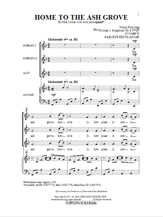 Earlene Rentz Home To The Ash Grove sheet music notes and chords arranged for SSA Choir