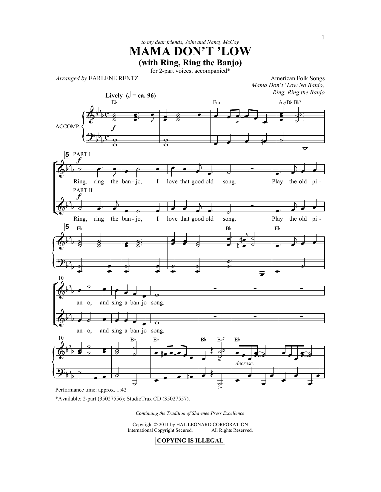 Earlene Rentz Mama Don't 'Low (with Ring, Ring The Banjo) sheet music notes and chords arranged for 2-Part Choir
