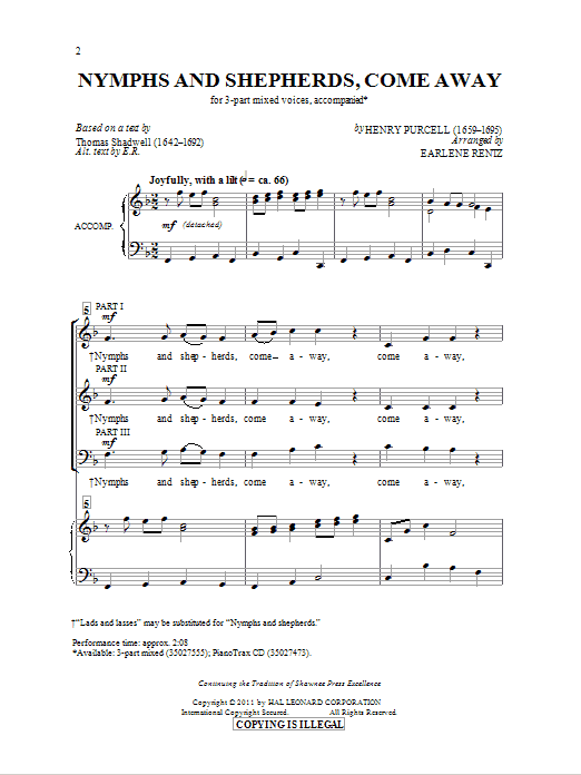 Earlene Rentz Nymphs And Shepherds, Come Away sheet music notes and chords arranged for 3-Part Mixed Choir