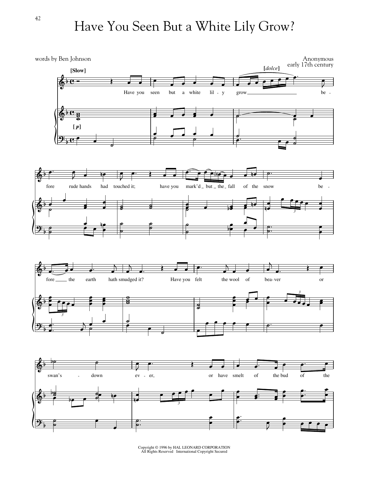 Early 17th Century melody Have You Seen But A White Lily Grow? (High Voice) sheet music notes and chords arranged for Piano & Vocal