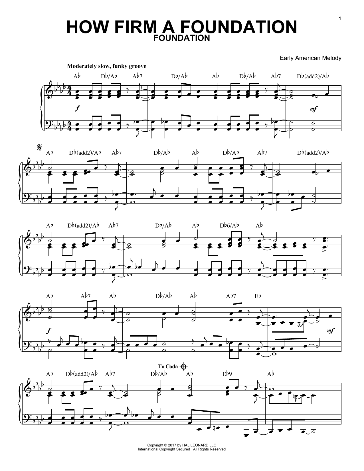 Early American Melody How Firm a Foundation [Jazz version] sheet music notes and chords arranged for Piano Solo