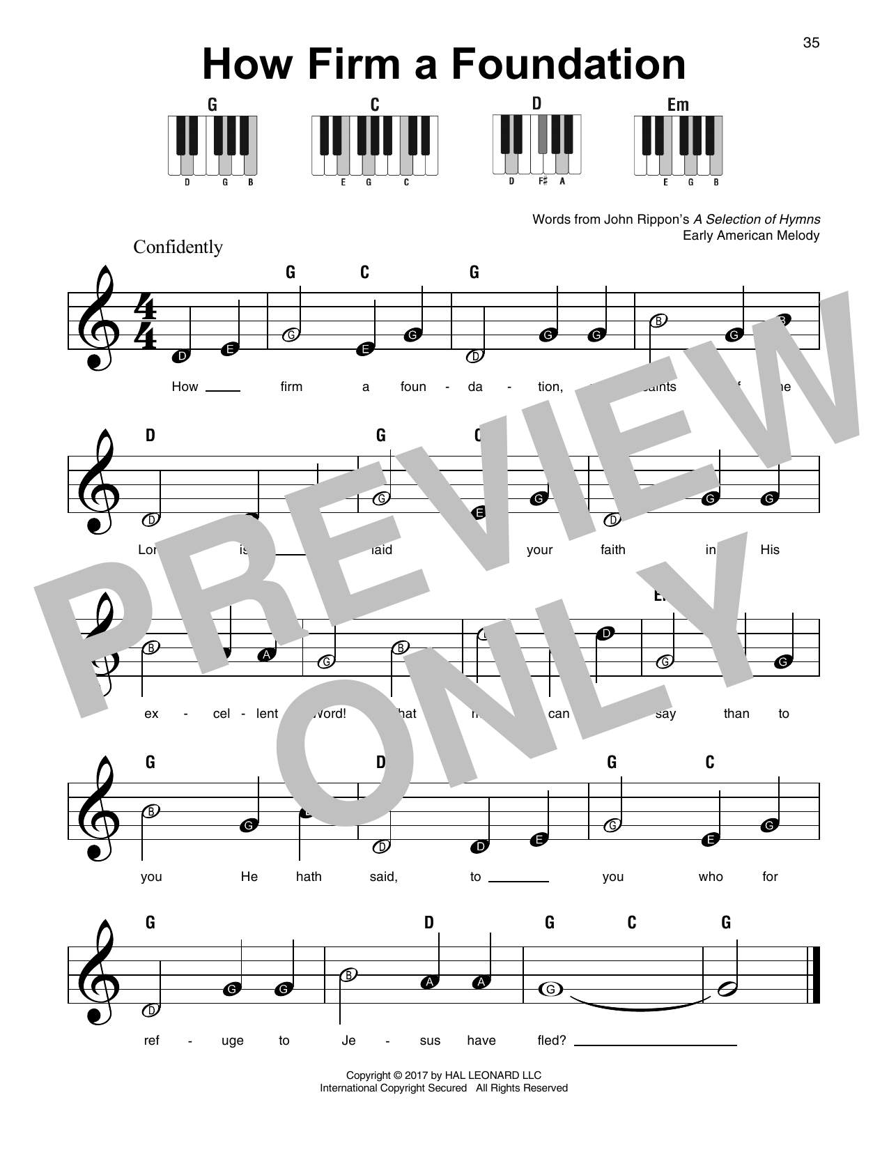 Early American Melody How Firm a Foundation sheet music notes and chords arranged for Super Easy Piano